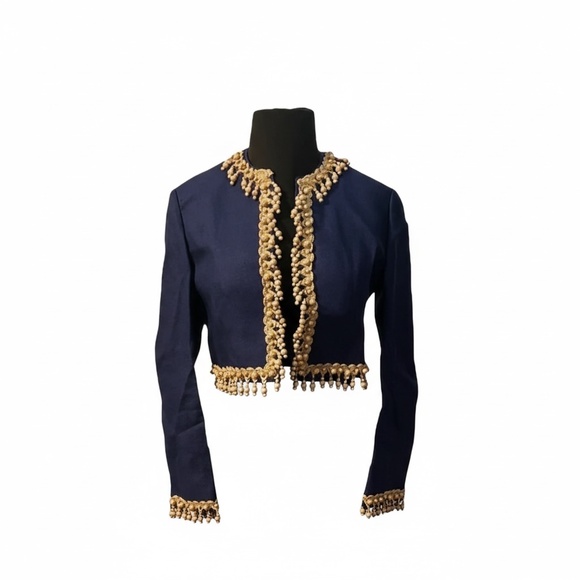 Vintage 1970s Joan Leslie by Kasper women's Jacket Navy Blue With Wood Appliqué - Picture 2 of 10